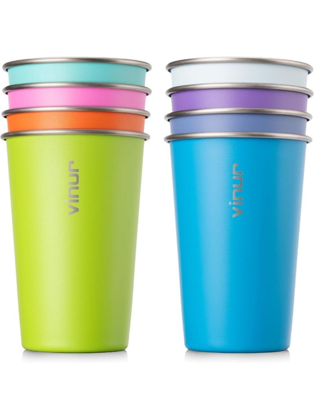 Colorful 16 oz Stainless Steel Stackable Drinking Glasses - Set of 8 Metal Cups